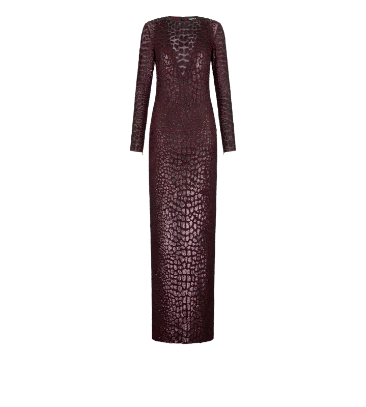 EMBROIDERED CROC EFFECT LONG SLEEVE EVENING DRESS BURGUNDY online